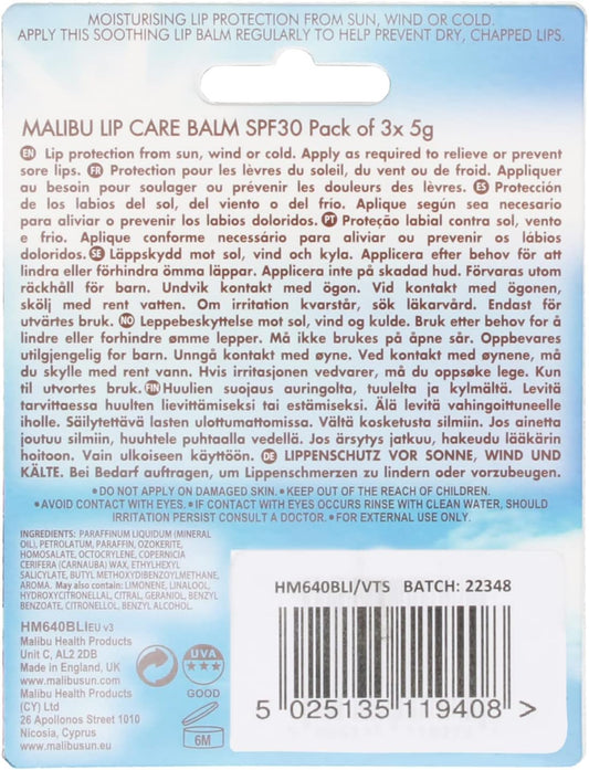 Malibu Sun SPF 30 Lip Balm Sunscreen, Vanilla, Tropical, Strawberry 3 x 5g