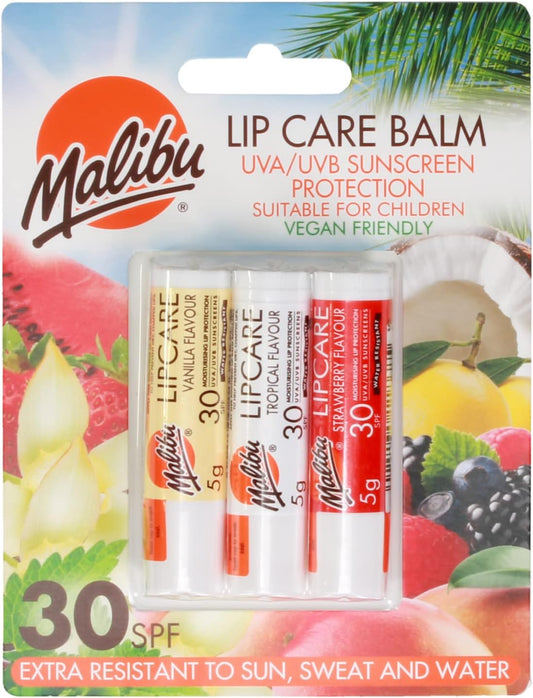 Malibu Sun SPF 30 Lip Balm Sunscreen, Vanilla, Tropical, Strawberry 3 x 5g